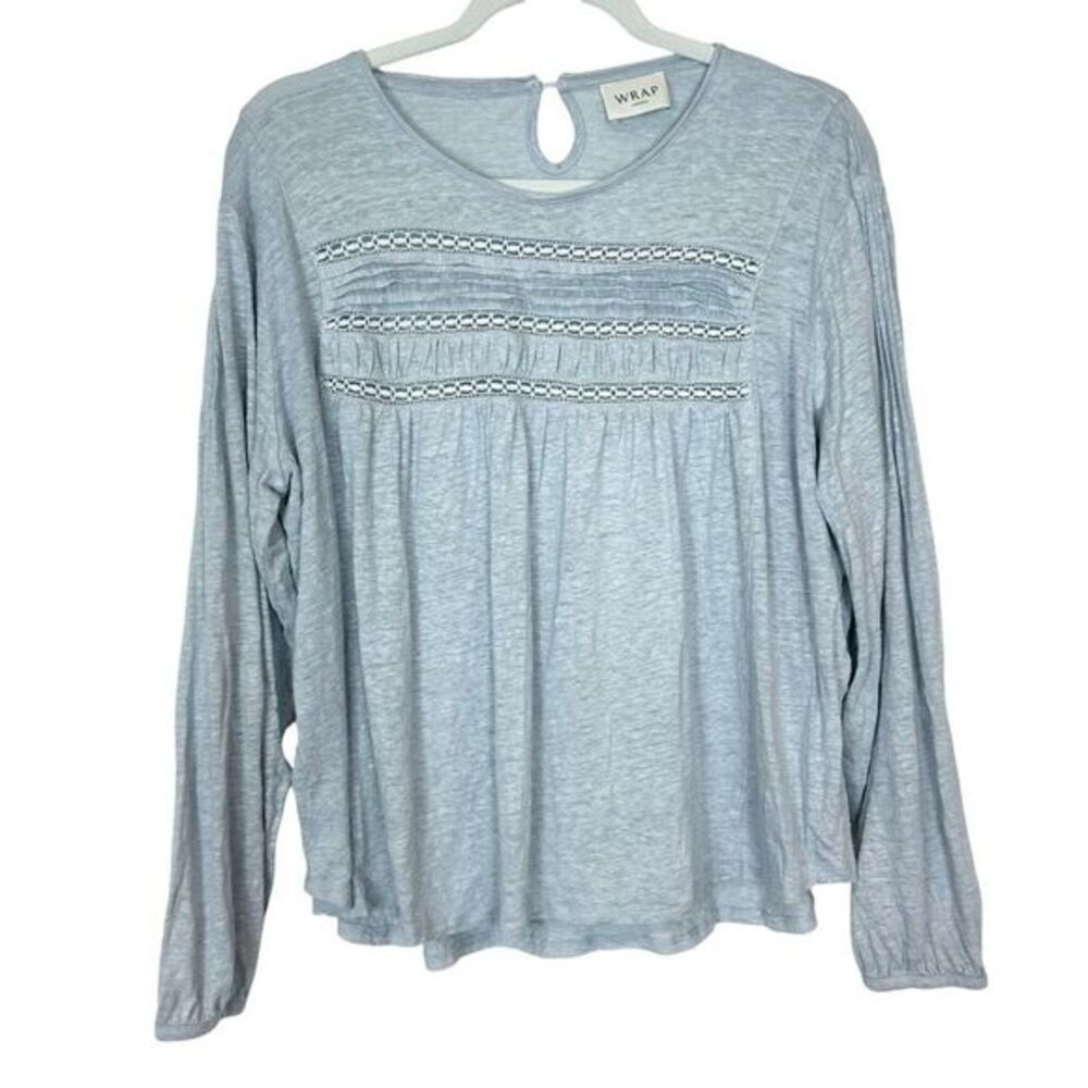 Wrap London Blouse Womens 14 Blue Gray Pleated Lace Long Sleeve Linen Peasant L